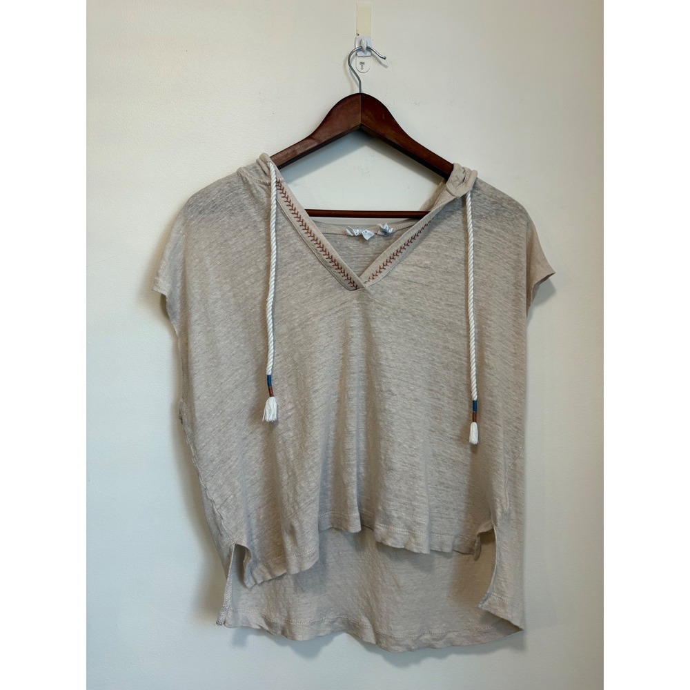 Sigrid Olsen Womens Large 100% Linen Short Sleeve Hooded Top Beige V-Neck Hoodie
